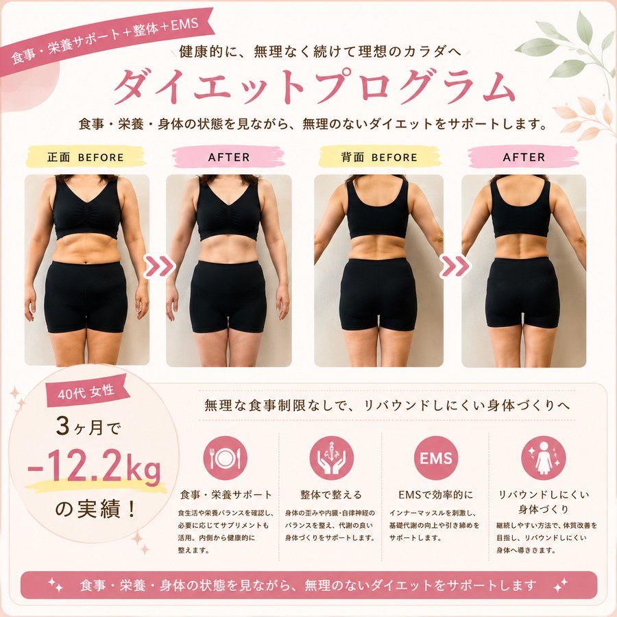 ダイエットプログラムによる40代女性の3ヶ月-12.2kgのBefore/After写真